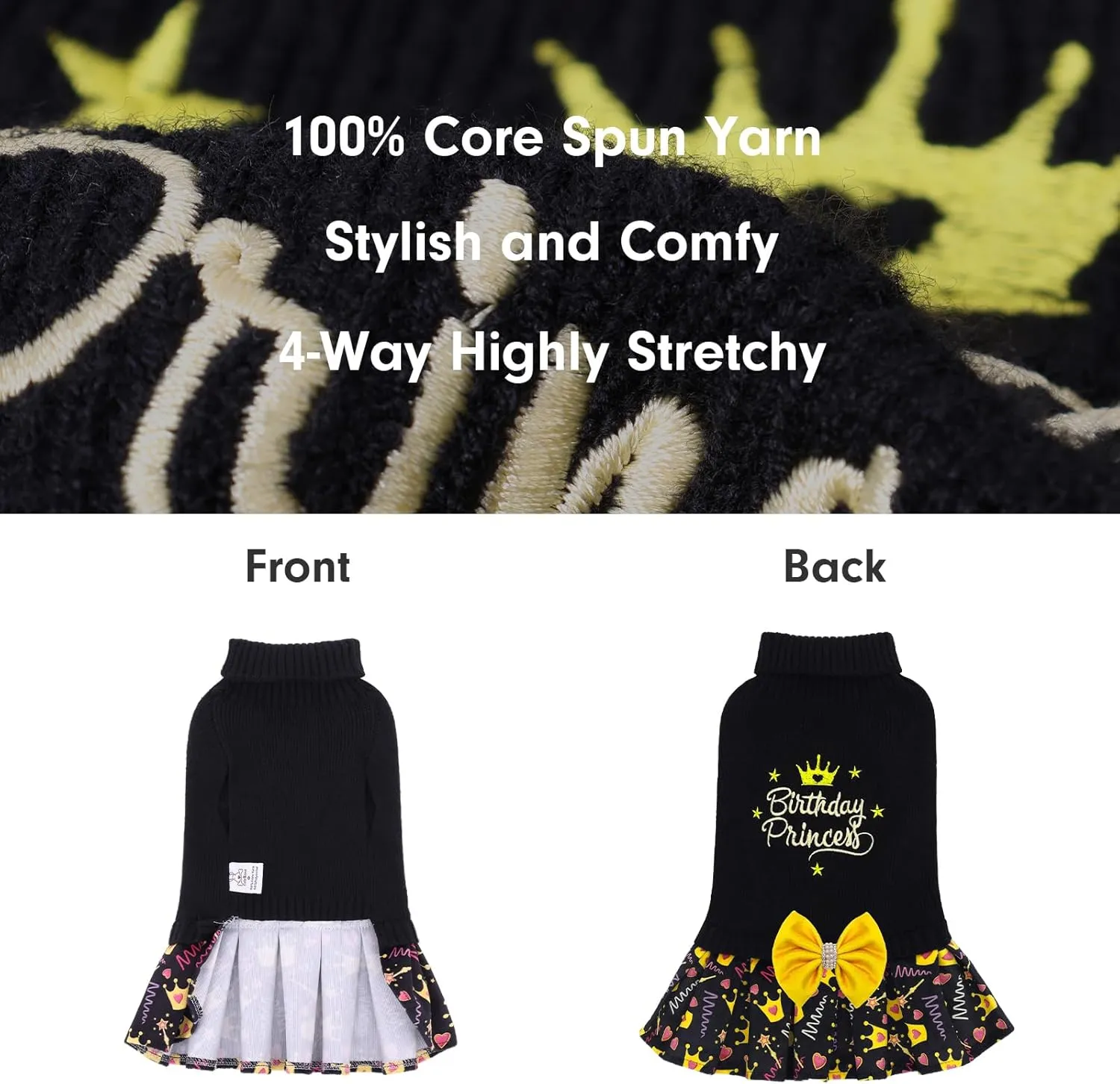 CuteBone Core Spun Birthday Dog Sweater Dress for Small Dogs Girl, Turtleneck Embroidery Medium Dog Sweater with Leash Hole, Dog Coat for Chihuahua Yorkie Teacup DS105S