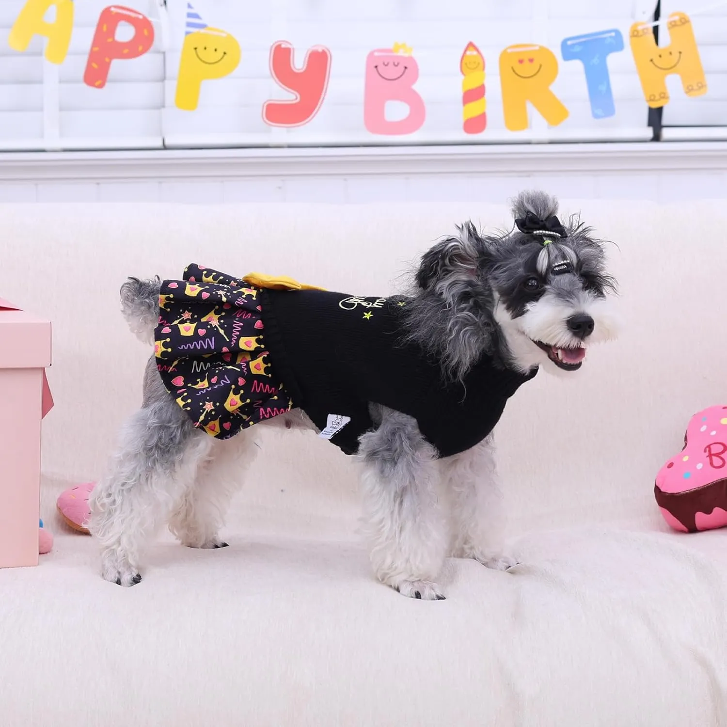 CuteBone Core Spun Birthday Dog Sweater Dress for Small Dogs Girl, Turtleneck Embroidery Medium Dog Sweater with Leash Hole, Dog Coat for Chihuahua Yorkie Teacup DS105S