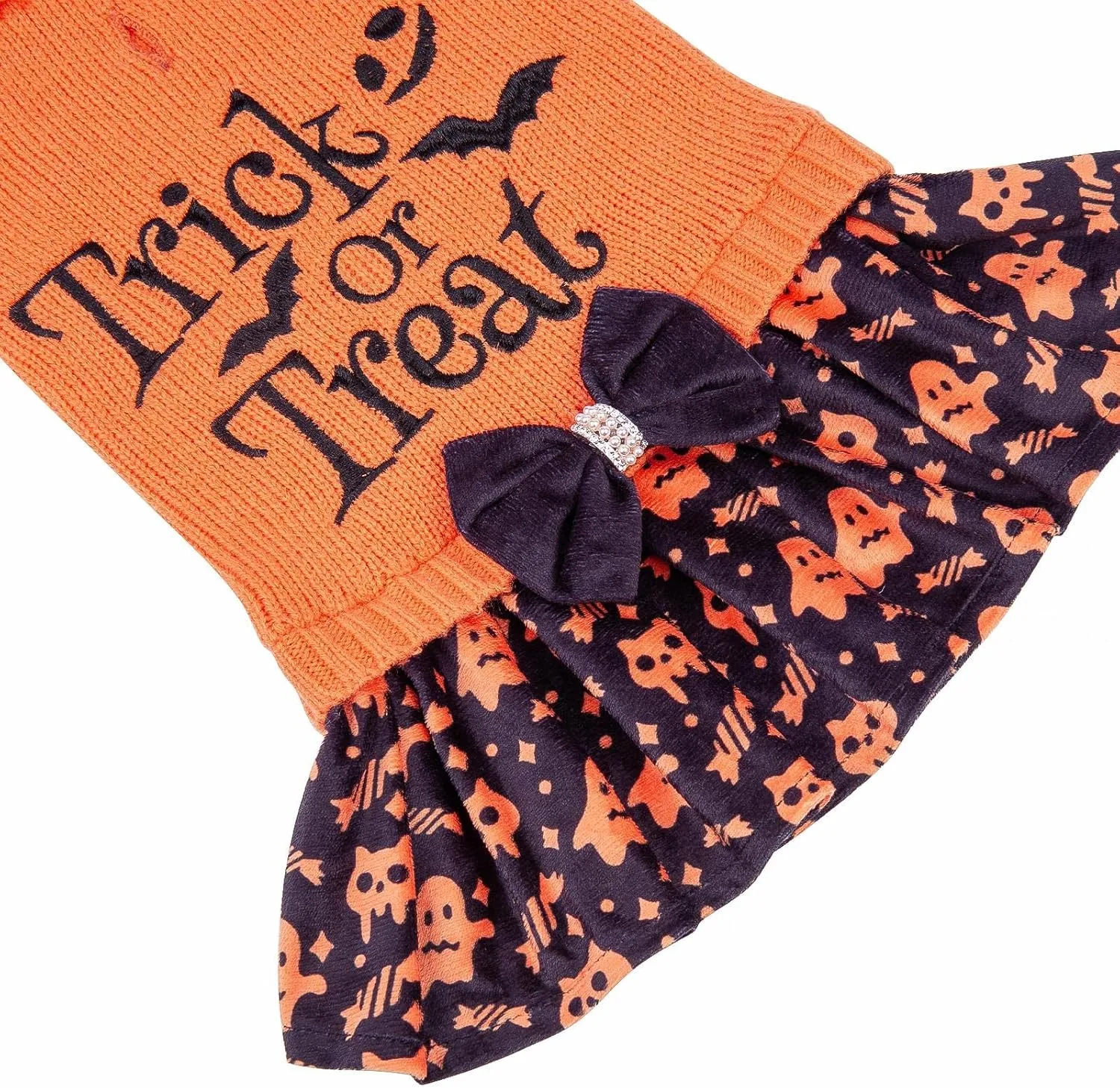 CuteBone Halloween Dog Sweater Dress Trick or Treat Knit Turtleneck Puppy Sweater with Bowtie Harness Hole Pullover Winter Dress for Small Medium Dogs and Cat Pet Apparel