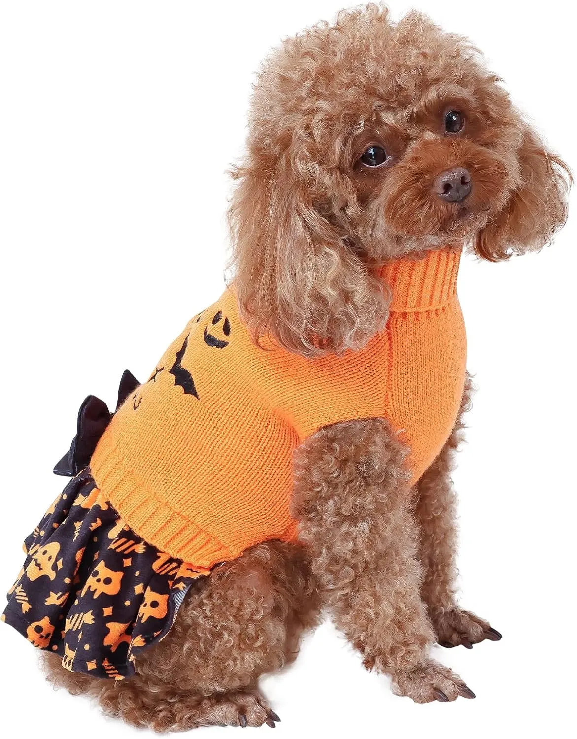 CuteBone Halloween Dog Sweater Dress Trick or Treat Knit Turtleneck Puppy Sweater with Bowtie Harness Hole Pullover Winter Dress for Small Medium Dogs and Cat Pet Apparel