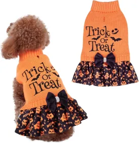 CuteBone Halloween Dog Sweater Dress Trick or Treat Knit Turtleneck Puppy Sweater with Bowtie Harness Hole Pullover Winter Dress for Small Medium Dogs and Cat Pet Apparel