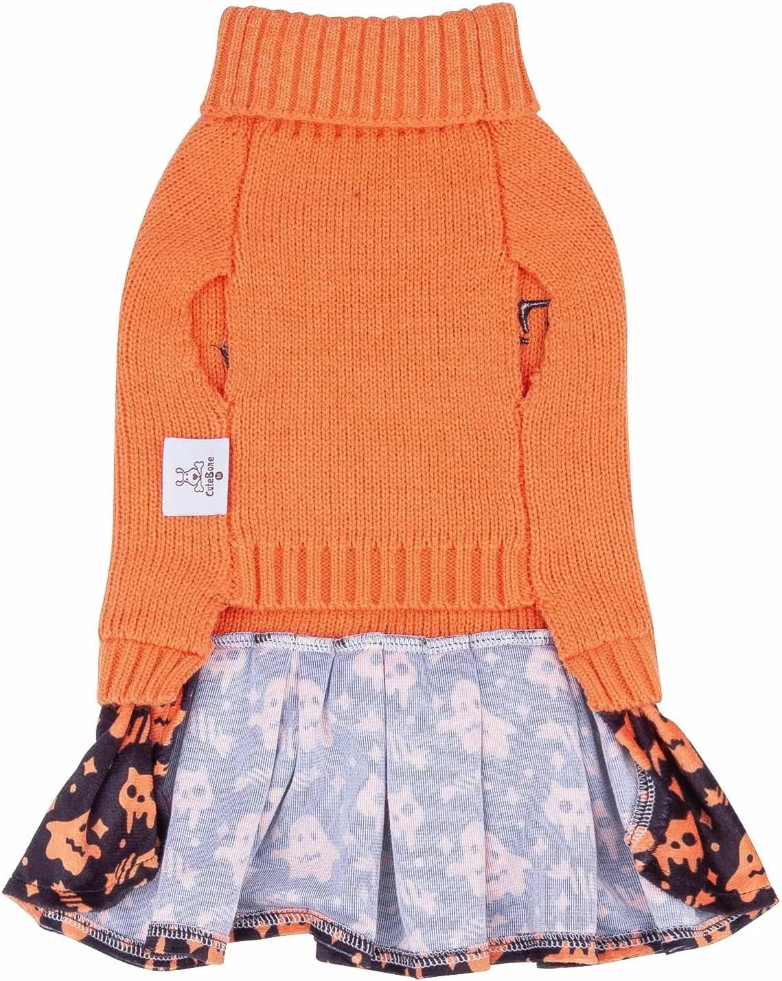 CuteBone Halloween Dog Sweater Dress Trick or Treat Knit Turtleneck Puppy Sweater with Bowtie Harness Hole Pullover Winter Dress for Small Medium Dogs and Cat Pet Apparel
