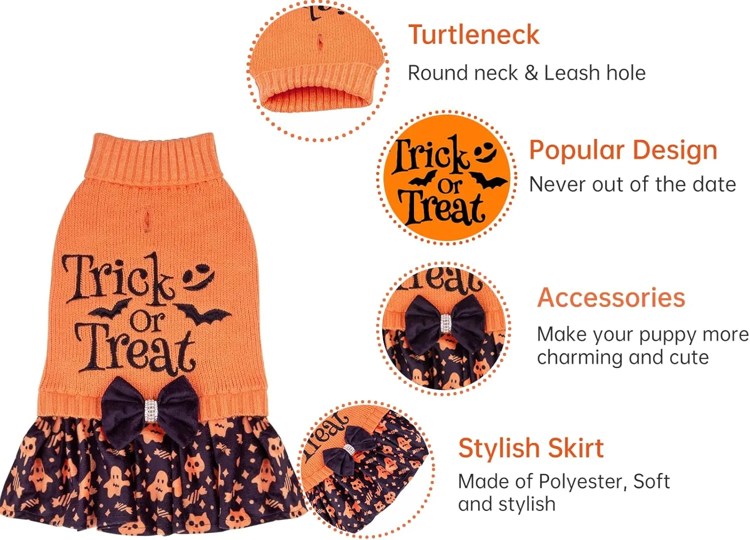 CuteBone Halloween Dog Sweater Dress Trick or Treat Knit Turtleneck Puppy Sweater with Bowtie Harness Hole Pullover Winter Dress for Small Medium Dogs and Cat Pet Apparel