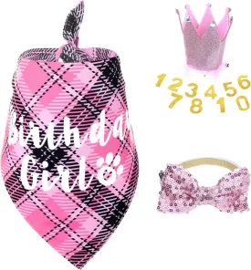 Dog Birthday Outfit - Birthday Hat Crown with Numbers, Dogs Bandanas Girl, and Bow Tie Pink Girl Dog Birthday Dogs Birthday Party Supplies for Medium Small Pets Puppy Birthday Girl (Pink)