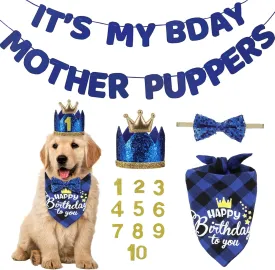 Dog Birthday Party Decorations, Dog Birthday Outfit Set, Dog Birthday Party Supplies, Dog First Birthday Decor, Dog Birthday Hat with Numbers, YITOBA Dog Birthday Bandana Banner Collar (Blue)