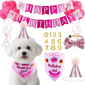 Dog Birthday Party Supplies, Dog Birthday Hat Set with Bandana, Flag, Balloons for Small Medium Large Dogs Pets,Pink