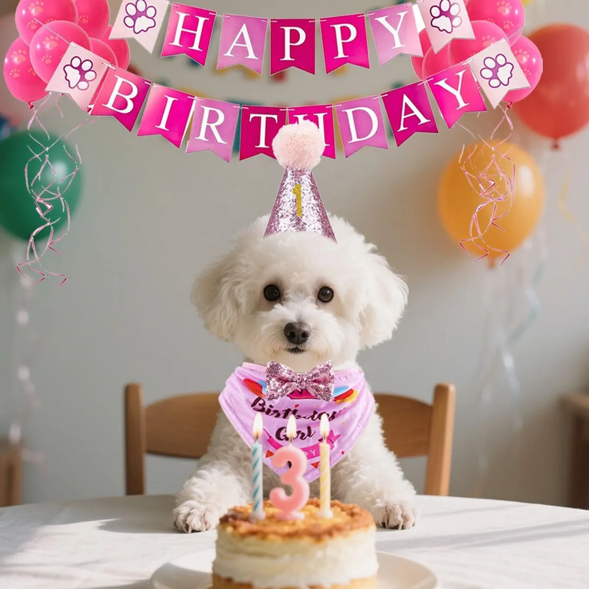 Dog Birthday Party Supplies, Dog Birthday Hat Set with Bandana, Flag, Balloons for Small Medium Large Dogs Pets,Pink