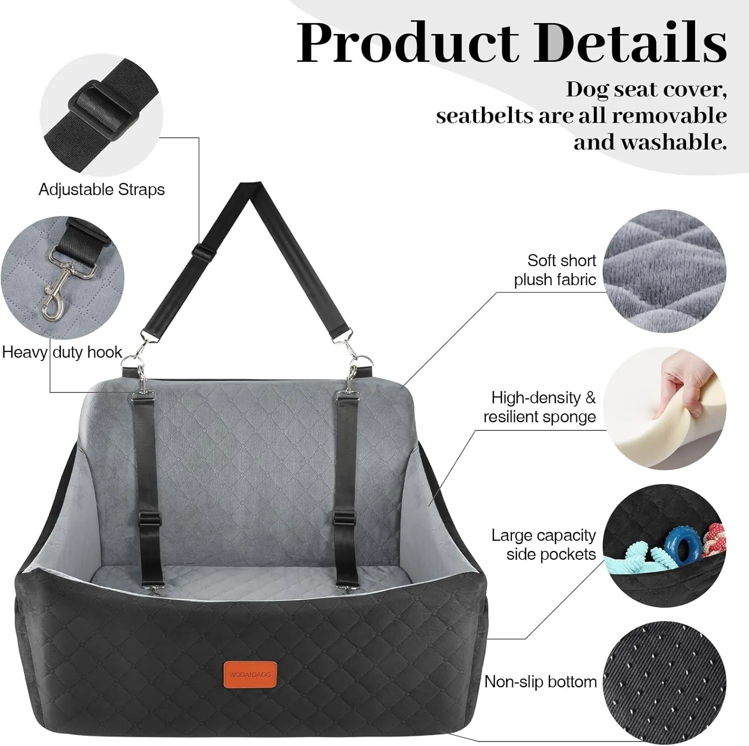 Dog Car Seat for Medium & Large Dogs Up to 55lbs, Memory Foam Cushion, Washable Cover, Safety Straps & Non-Slip Base(Black/Grey,Large)