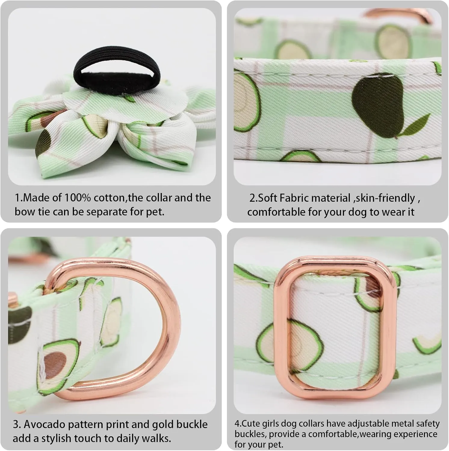 Dog Collar and Leash Set with Flower Bow Tie Girls Dog Collar Dog Tag Metal Buckle Adjustable for Small Medium Large Dogs Avocado-XS