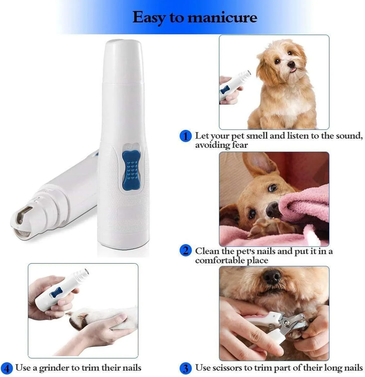 Dog Nail Grinder Quiet Pet Nail Trimmers Dog Nail Clippers Nail File Grooming & Smoothing for Large Medium Small Dogs & Cats Nervous Dog (White, One Size)