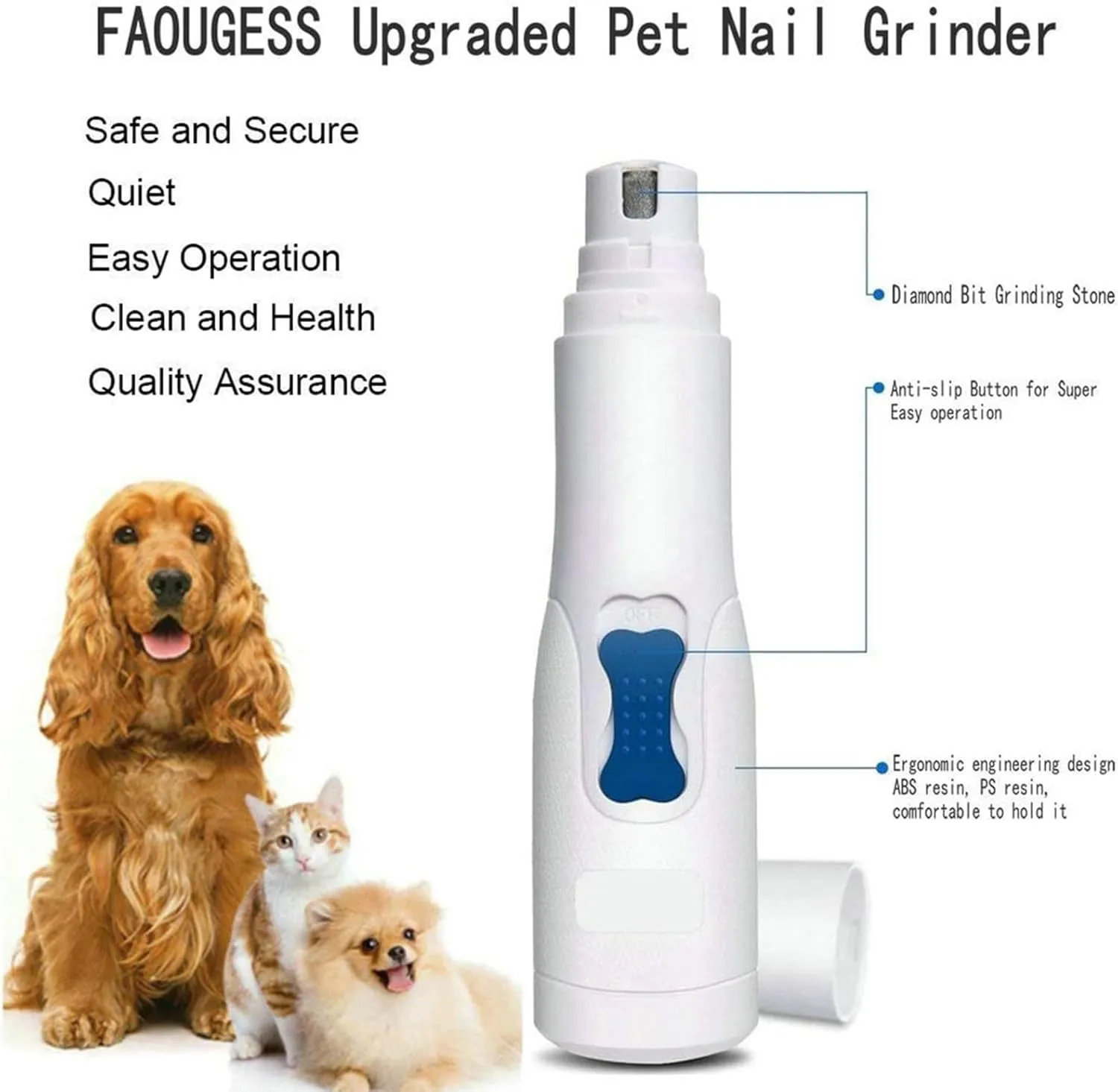 Dog Nail Grinder Quiet Pet Nail Trimmers Dog Nail Clippers Nail File Grooming & Smoothing for Large Medium Small Dogs & Cats Nervous Dog (White, One Size)