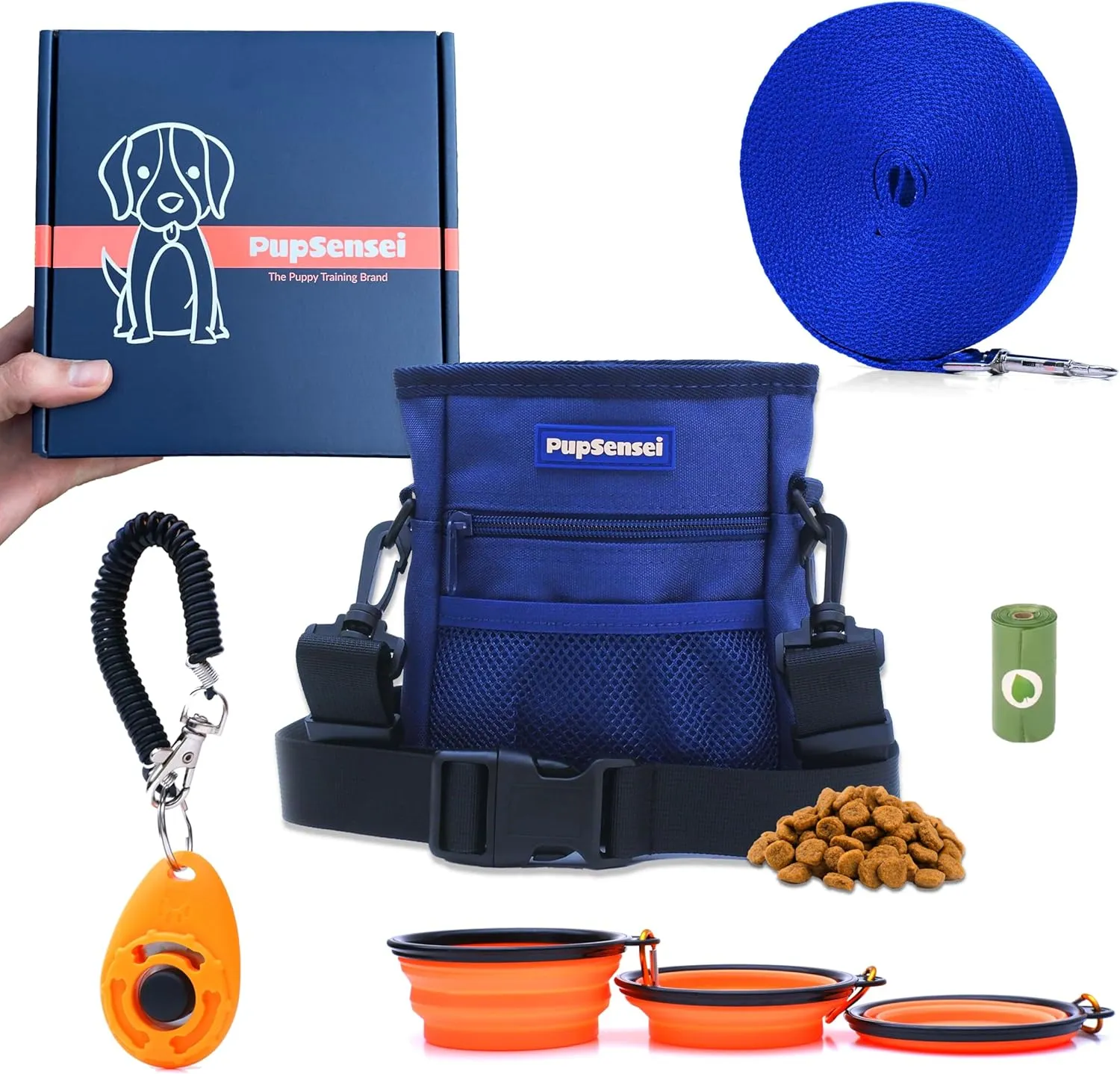 Dog Treat Pouch, Durable Oxford Polyester, No-Spill Magnetic Closure, Treat Pouches for Pet Training with Metal Clip, Waist Belt, Adjustable Strap (Deluxe Training Kit - Navy Blue)