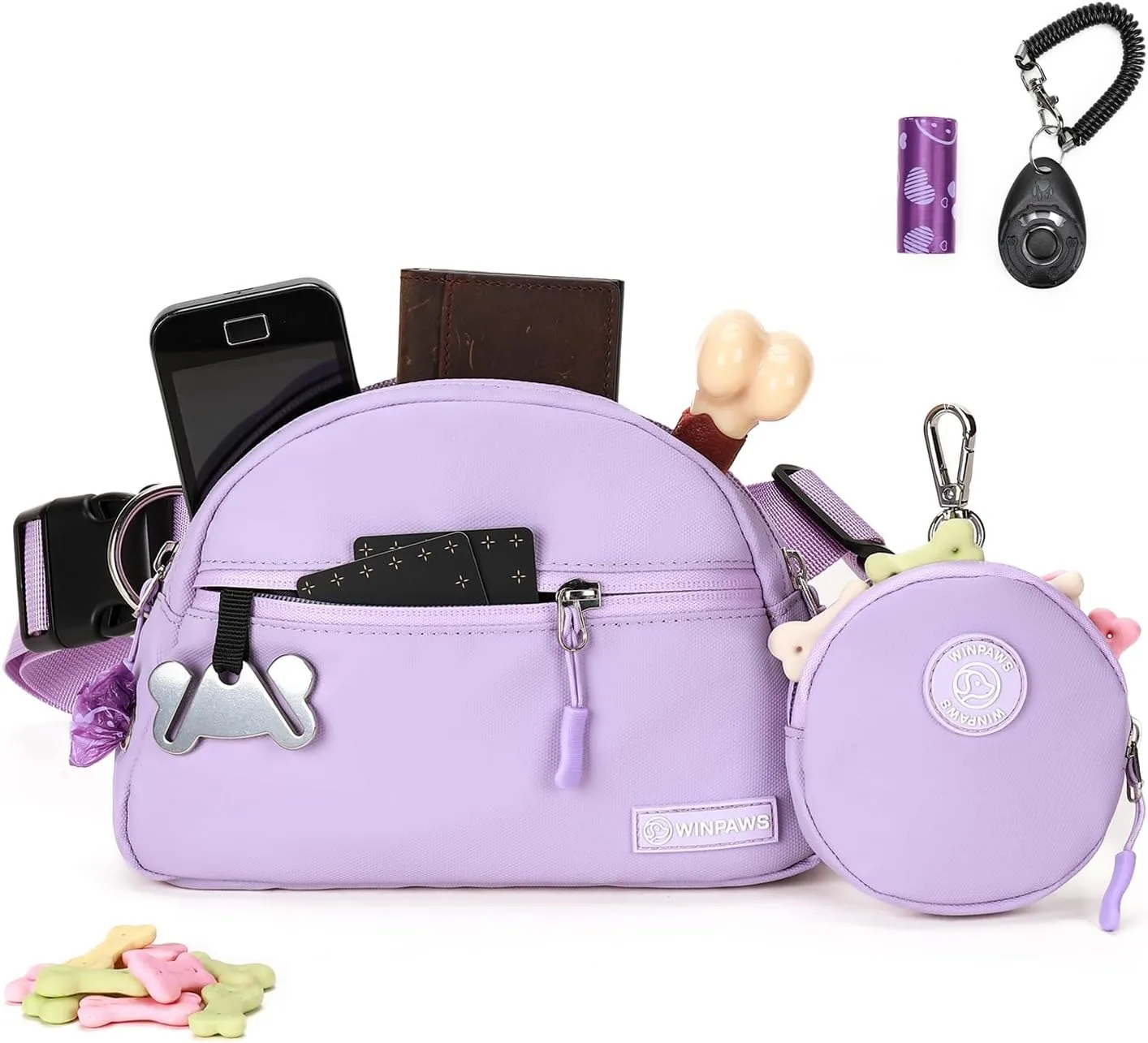 Dog Treat Pouch Pet Training Walking Fanny Pack with Built-in Poop Bag Dispenser & Waste Bag Holder | Stylish Puppy Training Essentials Supplies | Free Dog Clicker (Lavender)