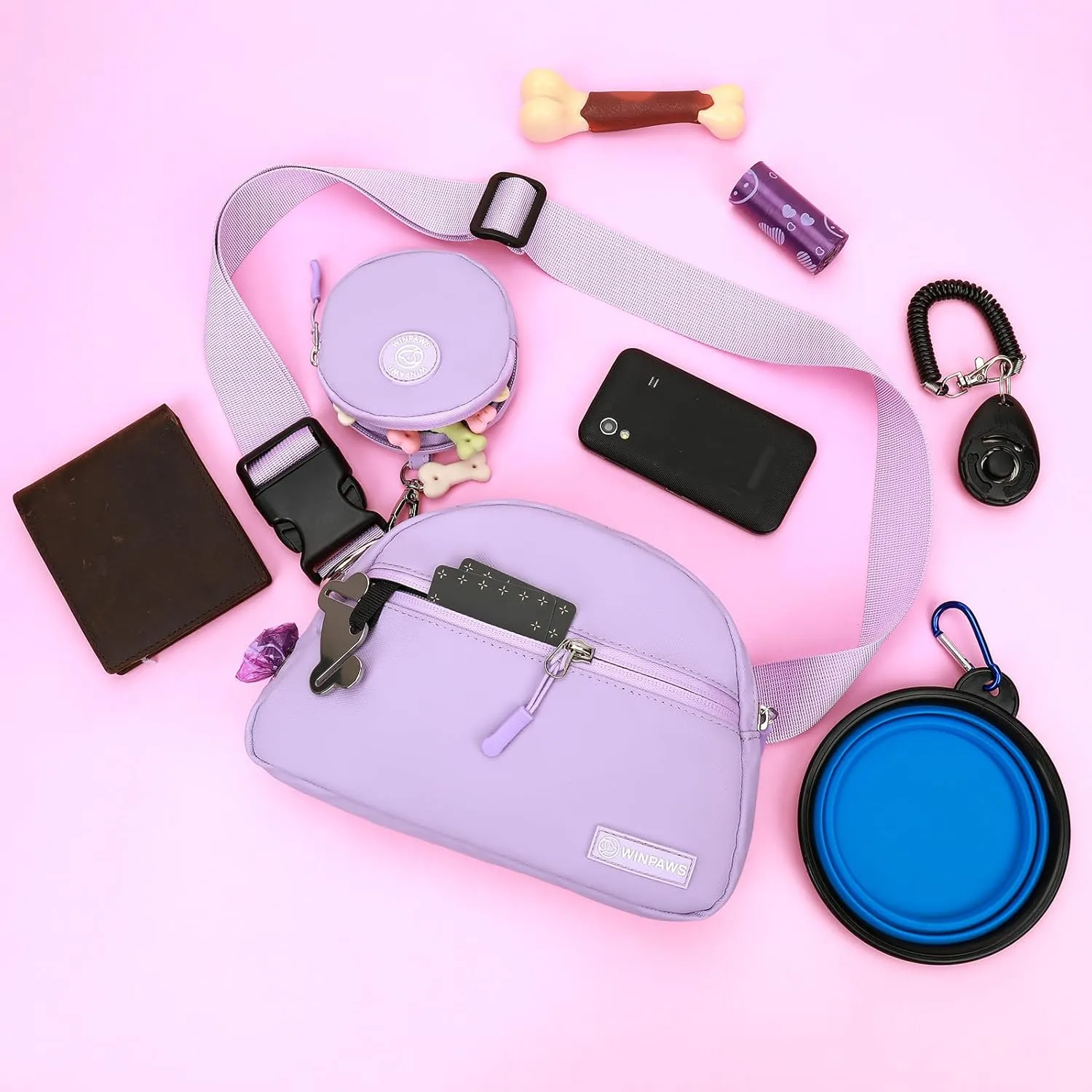 Dog Treat Pouch Pet Training Walking Fanny Pack with Built-in Poop Bag Dispenser & Waste Bag Holder | Stylish Puppy Training Essentials Supplies | Free Dog Clicker (Lavender)