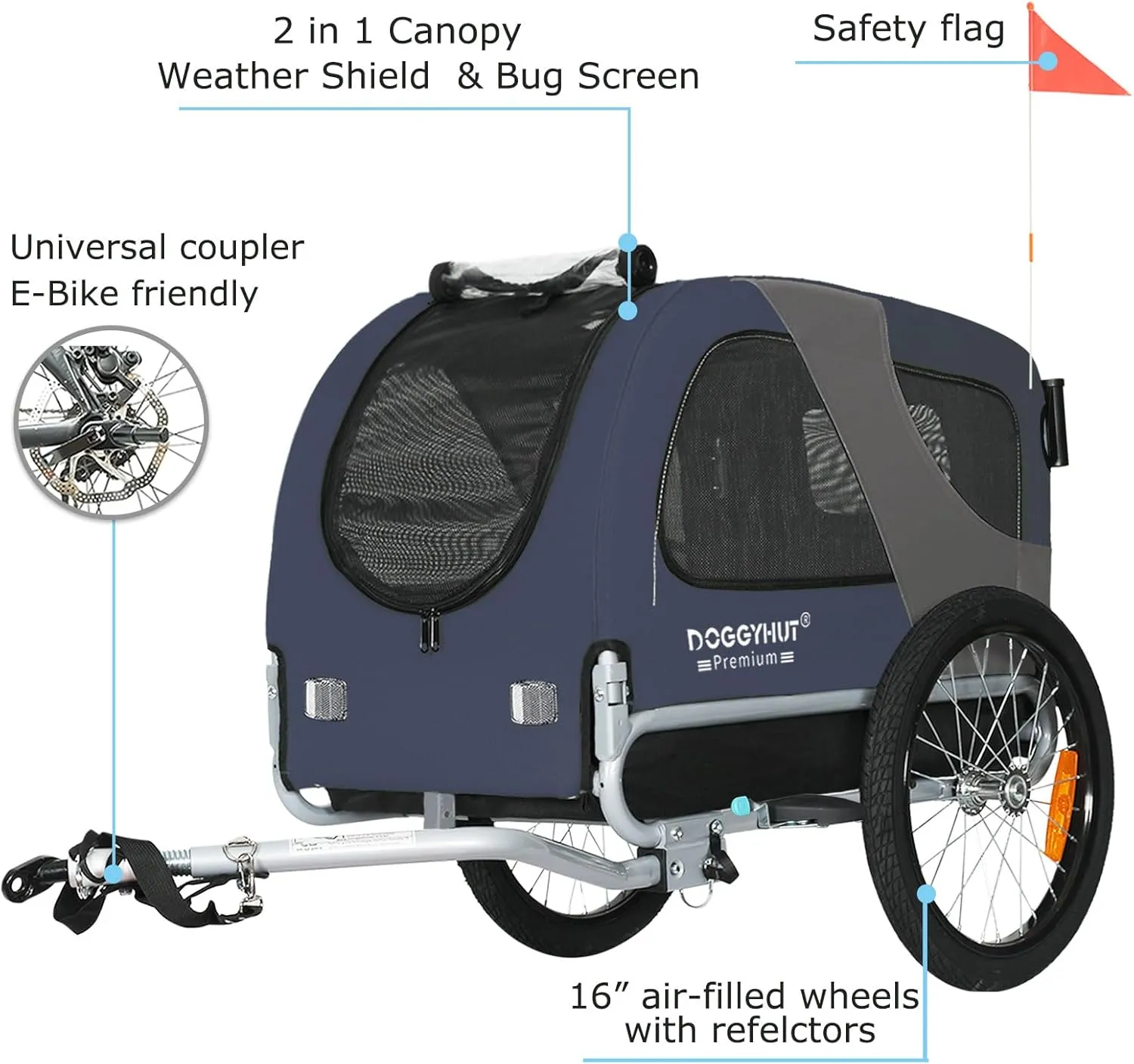 DOGGYHUT Premium M Pet Bike Trailer & Stroller 2-in-1,for Dogs up to 50 lbs,Parking Brakes,Easy Folding Cart Frame, Universal Bicycle Coupler,E-Bike Friendly