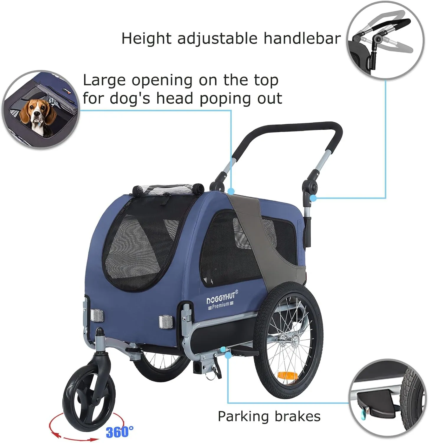 DOGGYHUT Premium M Pet Bike Trailer & Stroller 2-in-1,for Dogs up to 50 lbs,Parking Brakes,Easy Folding Cart Frame, Universal Bicycle Coupler,E-Bike Friendly