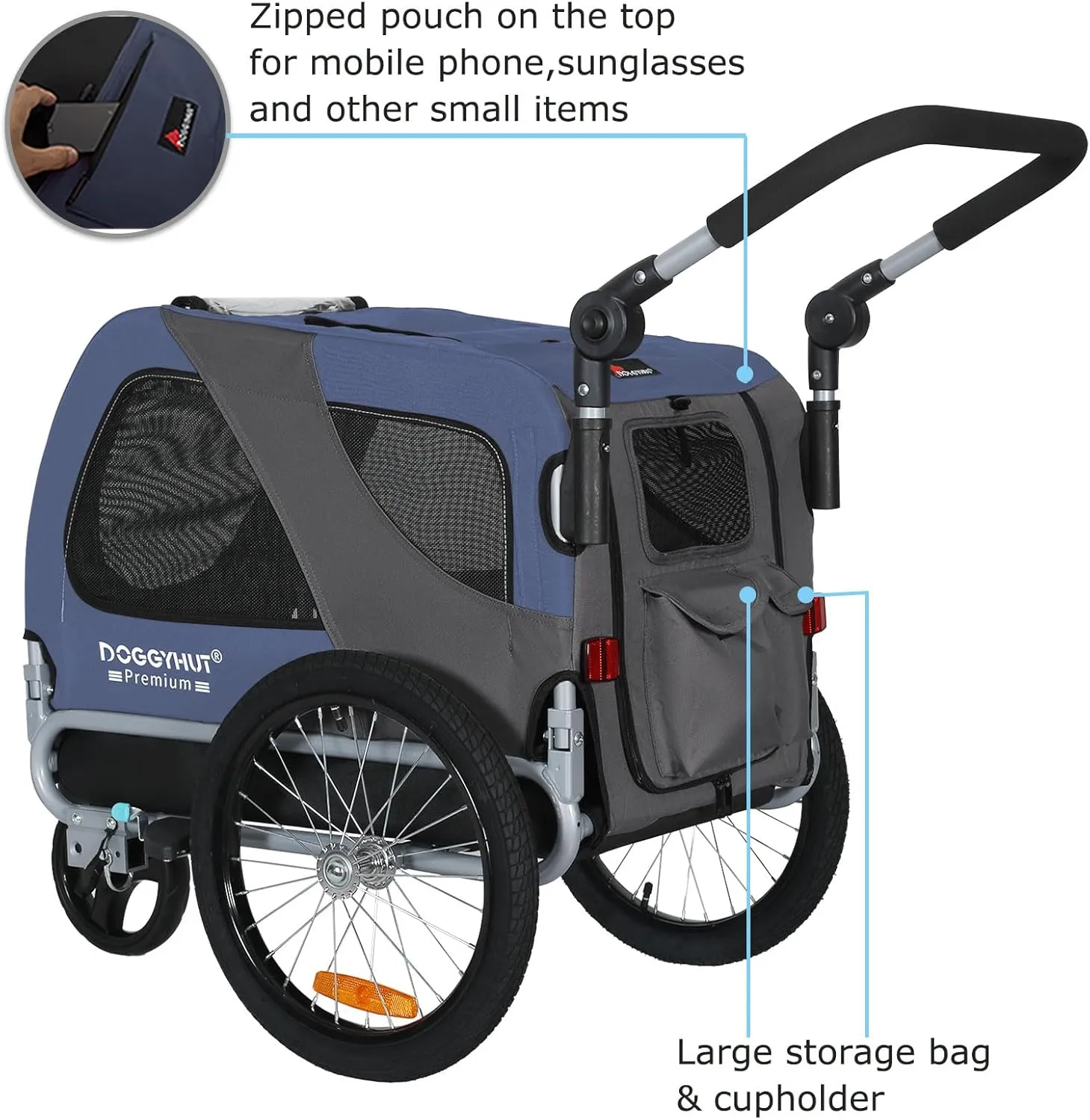 DOGGYHUT Premium M Pet Bike Trailer & Stroller 2-in-1,for Dogs up to 50 lbs,Parking Brakes,Easy Folding Cart Frame, Universal Bicycle Coupler,E-Bike Friendly