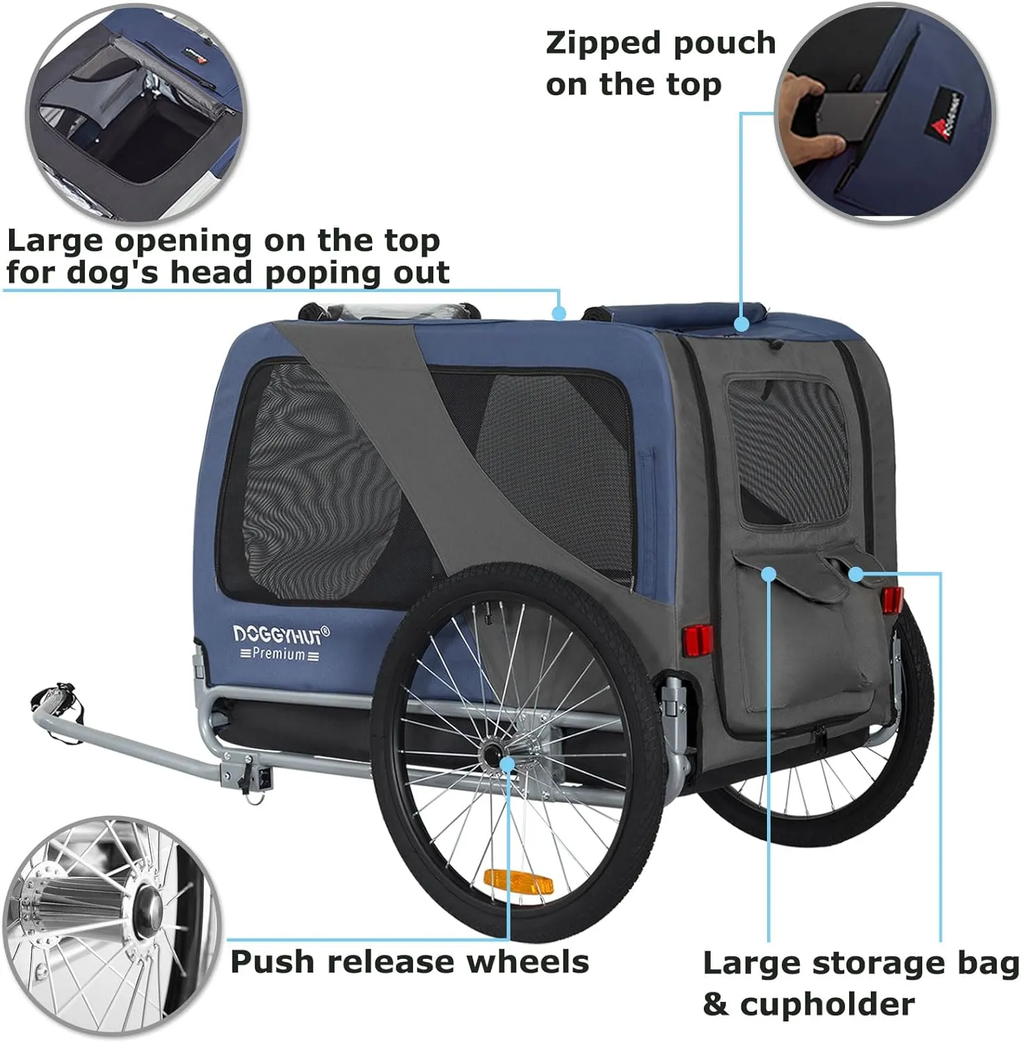 DOGGYHUT Premium XL Pet Bike Trailer for Large Dog or Multiple Small Dogs, Up to 100 lbs,Dog Bicycle Carrier,Low Center of Gravity,Easy Folding Frame Cart