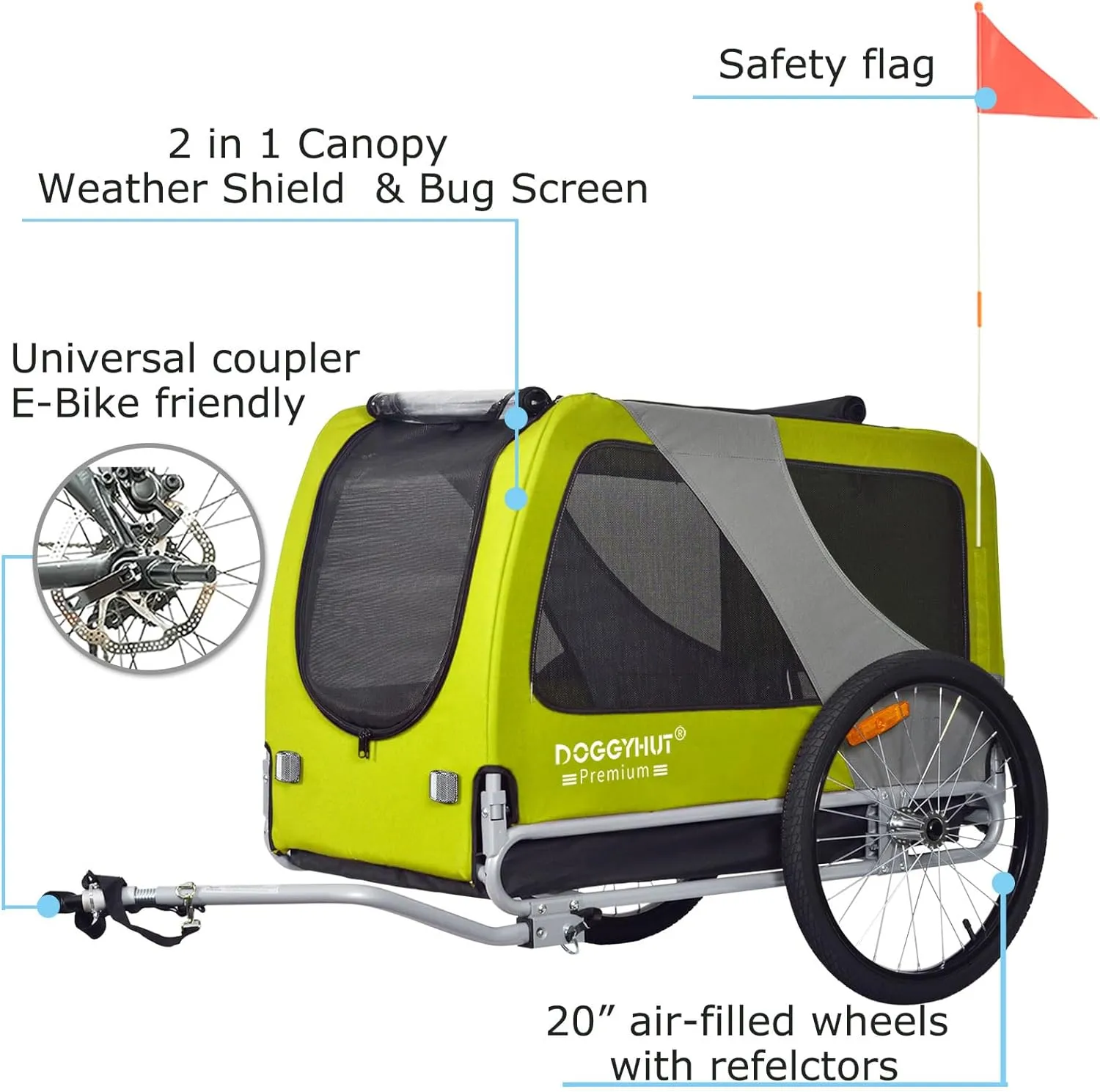 DOGGYHUT Premium XL Pet Bike Trailer for Large Dog or Multiple Small Dogs, Up to 100 lbs,Dog Bicycle Carrier,Low Center of Gravity,Easy Folding Frame Cart