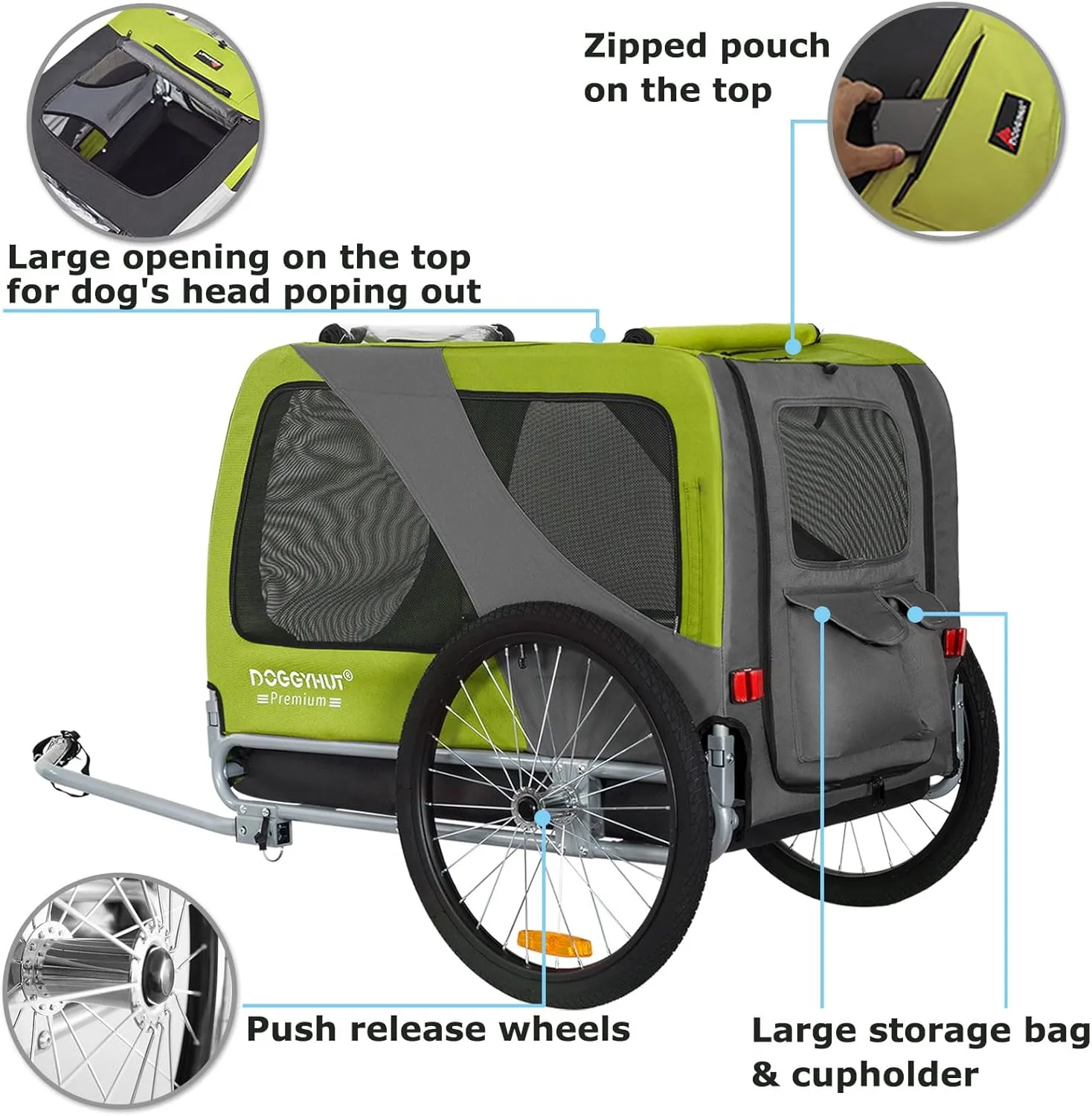 DOGGYHUT Premium XL Pet Bike Trailer for Large Dog or Multiple Small Dogs, Up to 100 lbs,Dog Bicycle Carrier,Low Center of Gravity,Easy Folding Frame Cart