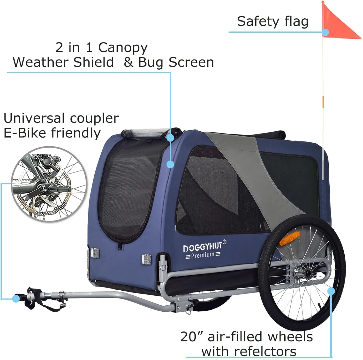 DOGGYHUT Premium XL Pet Bike Trailer for Large Dog or Multiple Small Dogs, Up to 100 lbs,Dog Bicycle Carrier,Low Center of Gravity,Easy Folding Frame Cart