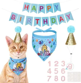EXPAWLORER Cat Birthday Party Supplies, Cat Birthday Cake Hat & Bandana Scarfs Set, Cute Triangle Scarf with Party Hat and Flag Decorations for Kittens, Small Animals Blue