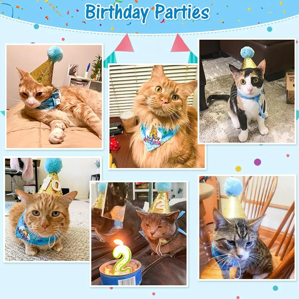 EXPAWLORER Cat Birthday Party Supplies, Cat Birthday Cake Hat & Bandana Scarfs Set, Cute Triangle Scarf with Party Hat and Flag Decorations for Kittens, Small Animals Blue