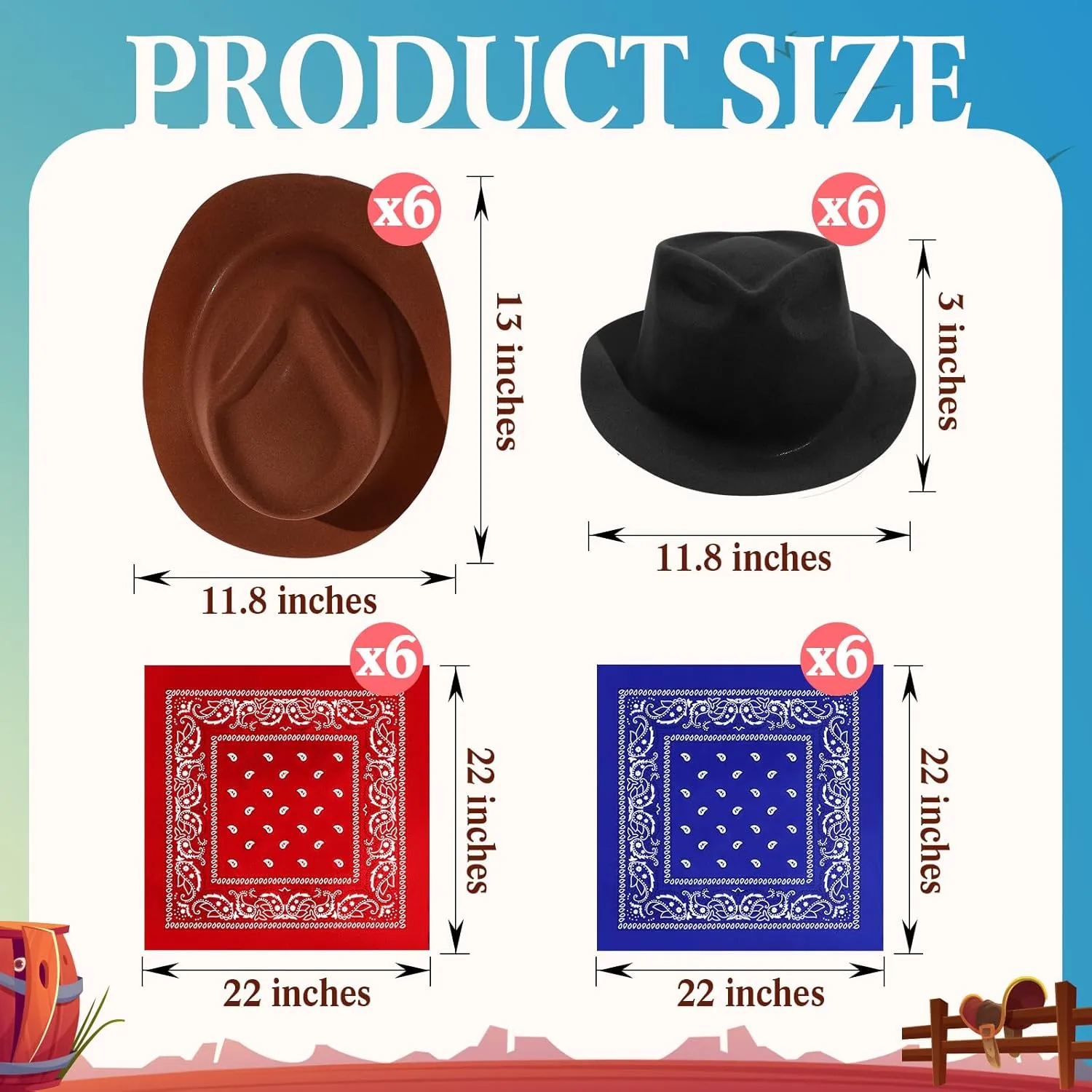 Haysandy 24 Pieces Western Cowboy Hat Set, Felt Cowboy Themed Party Hats with Paisley Bandanas for Kids Costume Party(Black, Brown, Red, Blue)