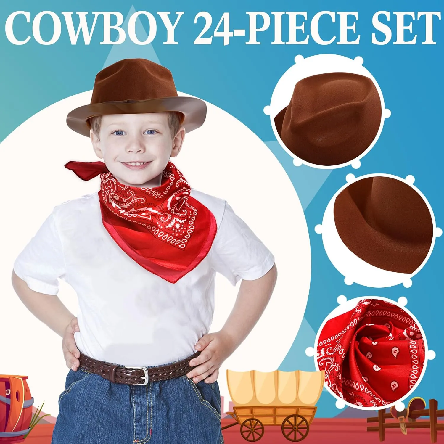 Haysandy 24 Pieces Western Cowboy Hat Set, Felt Cowboy Themed Party Hats with Paisley Bandanas for Kids Costume Party(Black, Brown, Red, Blue)