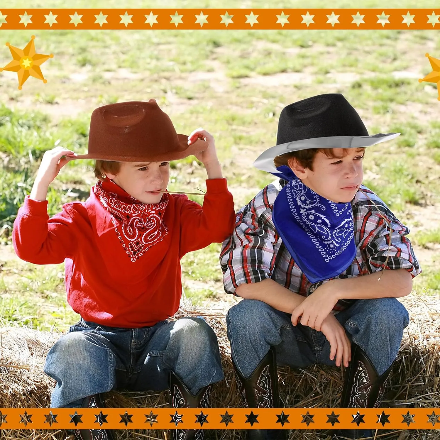 Haysandy 24 Pieces Western Cowboy Hat Set, Felt Cowboy Themed Party Hats with Paisley Bandanas for Kids Costume Party(Black, Brown, Red, Blue)