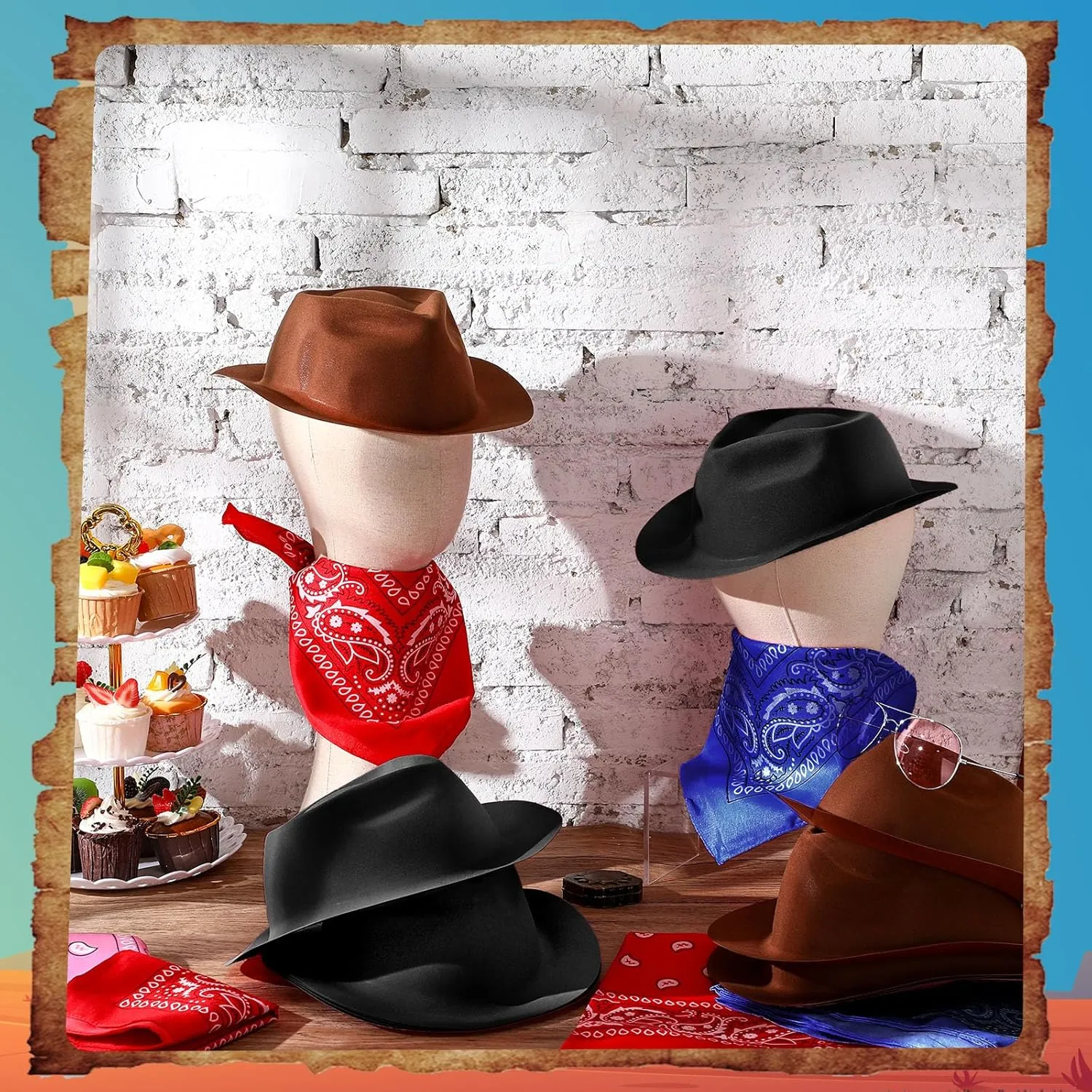 Haysandy 24 Pieces Western Cowboy Hat Set, Felt Cowboy Themed Party Hats with Paisley Bandanas for Kids Costume Party(Black, Brown, Red, Blue)