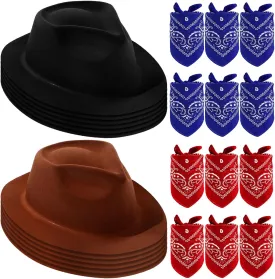 Haysandy 24 Pieces Western Cowboy Hat Set, Felt Cowboy Themed Party Hats with Paisley Bandanas for Kids Costume Party(Black, Brown, Red, Blue)