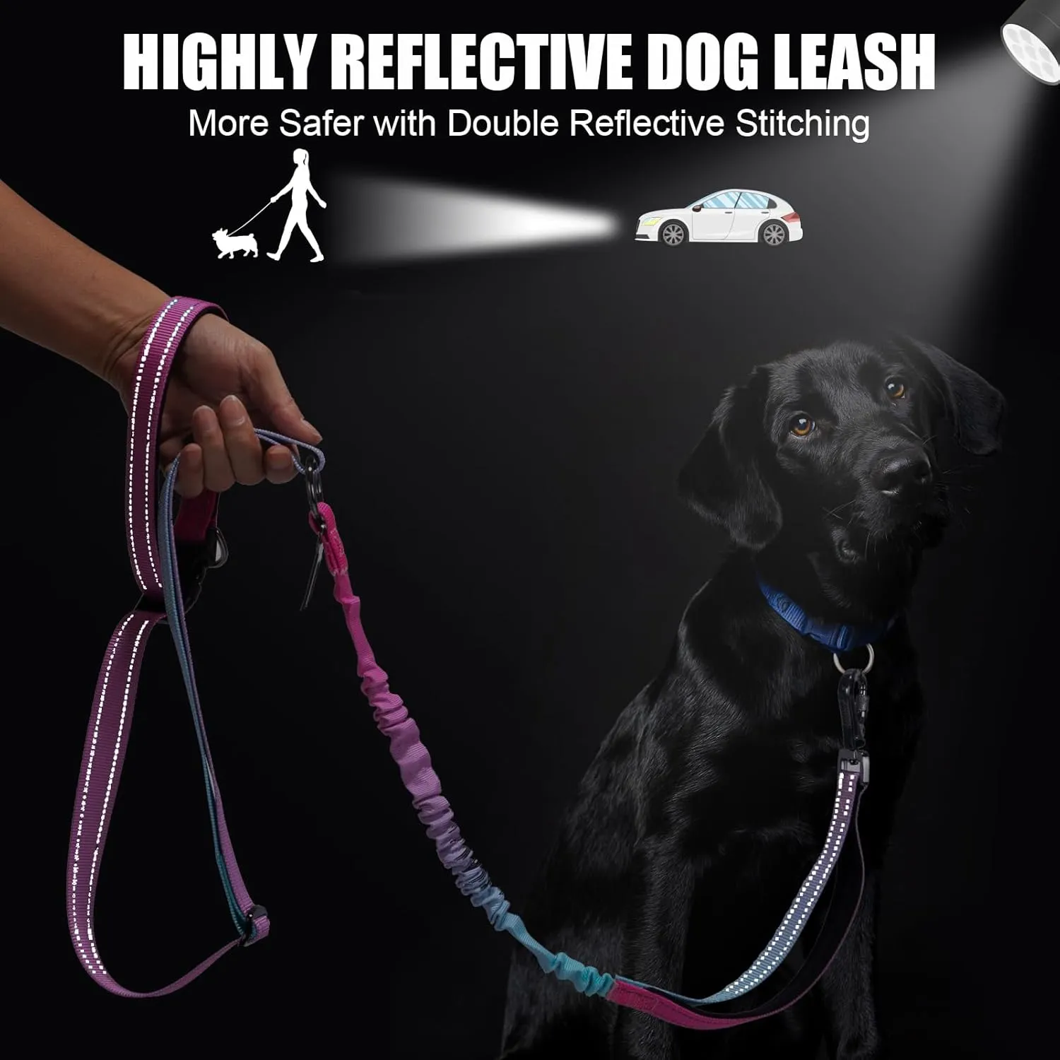 Heavy Duty Hands Free Dog Leash, 5-7 FT Reflective Adjustable Waist Dog Leash Belt with Padded Handles, Shock Absorbing Bungee and Car Seat Belt for Large Medium Dogs (Gradient Pink, XL)