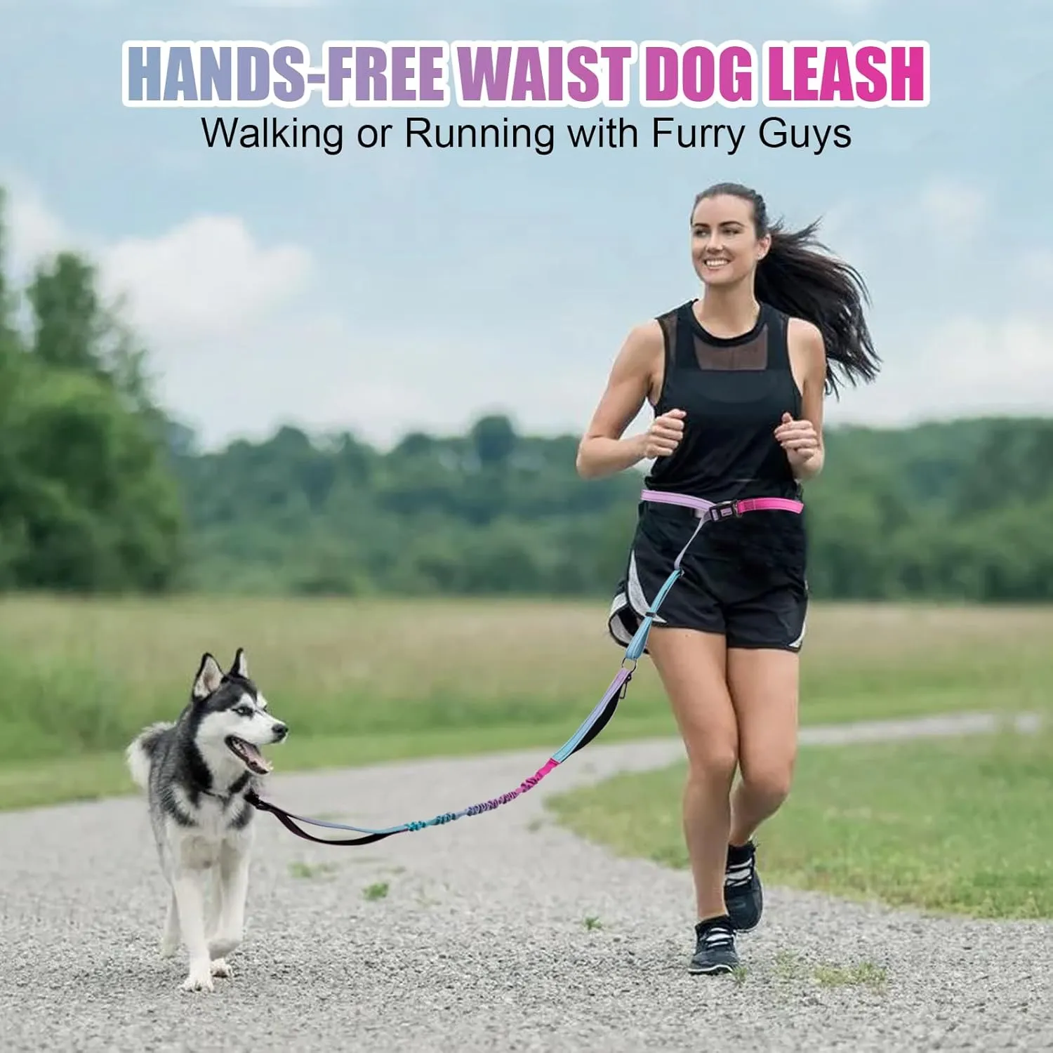 Heavy Duty Hands Free Dog Leash, 5-7 FT Reflective Adjustable Waist Dog Leash Belt with Padded Handles, Shock Absorbing Bungee and Car Seat Belt for Large Medium Dogs (Gradient Pink, XL)