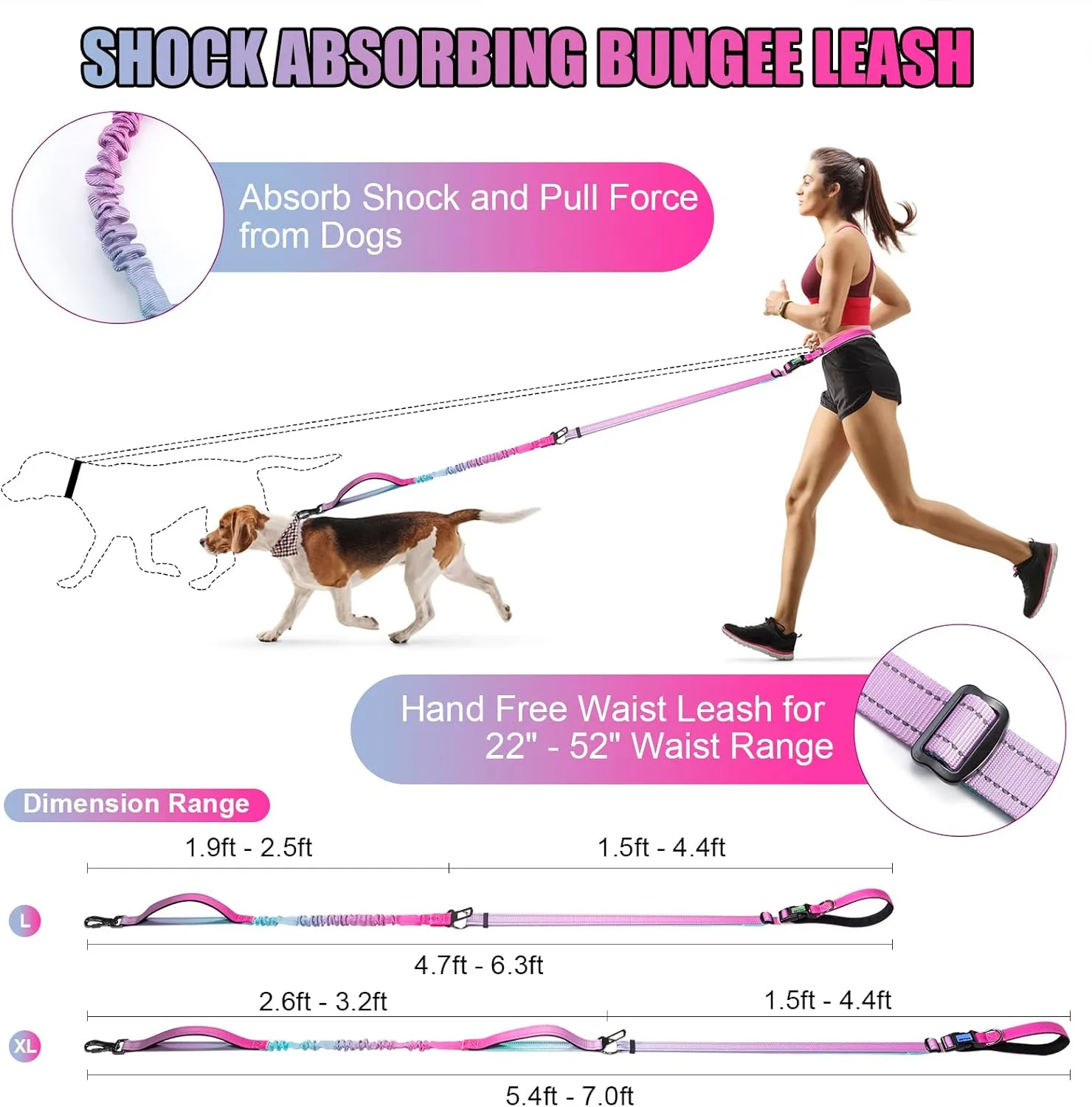 Heavy Duty Hands Free Dog Leash, 5-7 FT Reflective Adjustable Waist Dog Leash Belt with Padded Handles, Shock Absorbing Bungee and Car Seat Belt for Large Medium Dogs (Gradient Pink, XL)