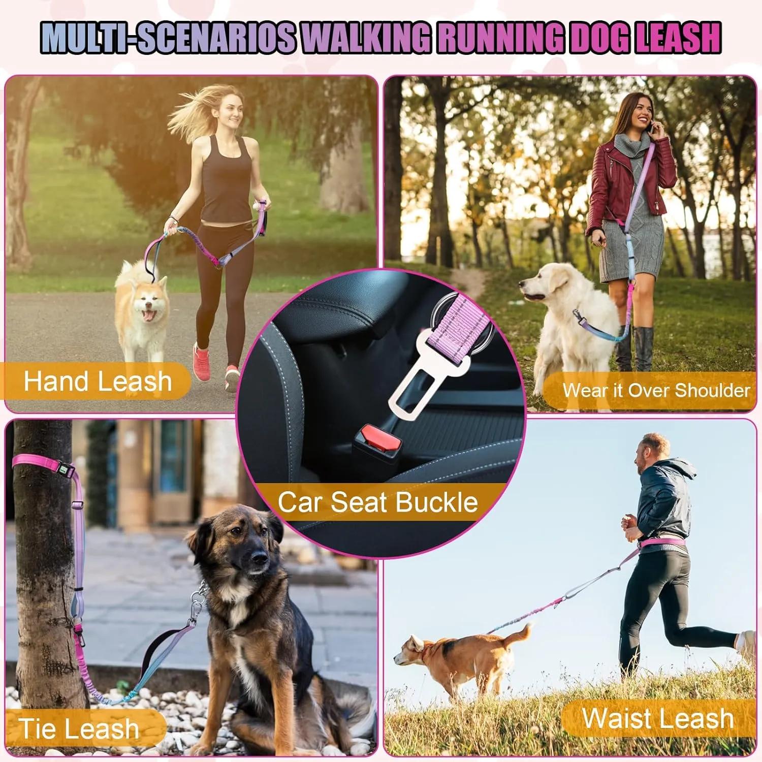 Heavy Duty Hands Free Dog Leash, 5-7 FT Reflective Adjustable Waist Dog Leash Belt with Padded Handles, Shock Absorbing Bungee and Car Seat Belt for Large Medium Dogs (Gradient Pink, XL)