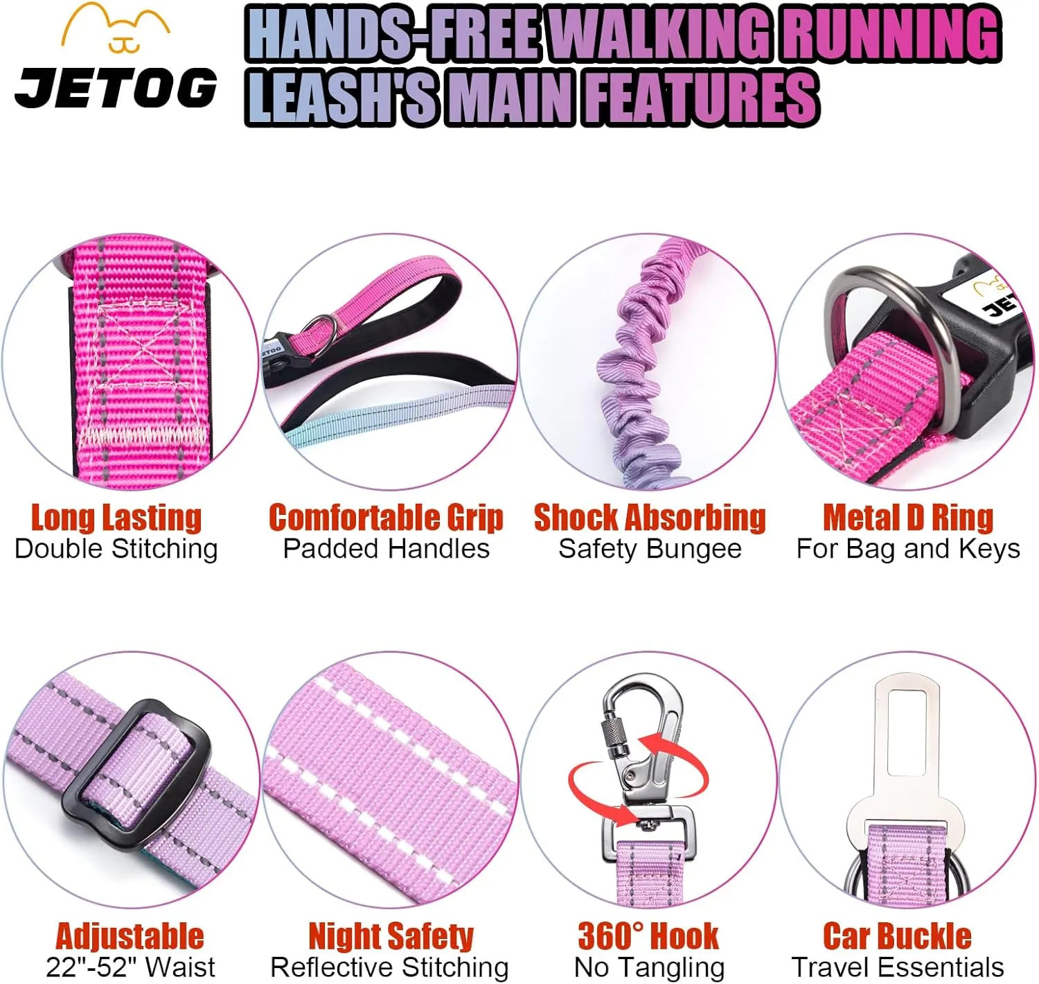 Heavy Duty Hands Free Dog Leash, 5-7 FT Reflective Adjustable Waist Dog Leash Belt with Padded Handles, Shock Absorbing Bungee and Car Seat Belt for Large Medium Dogs (Gradient Pink, XL)