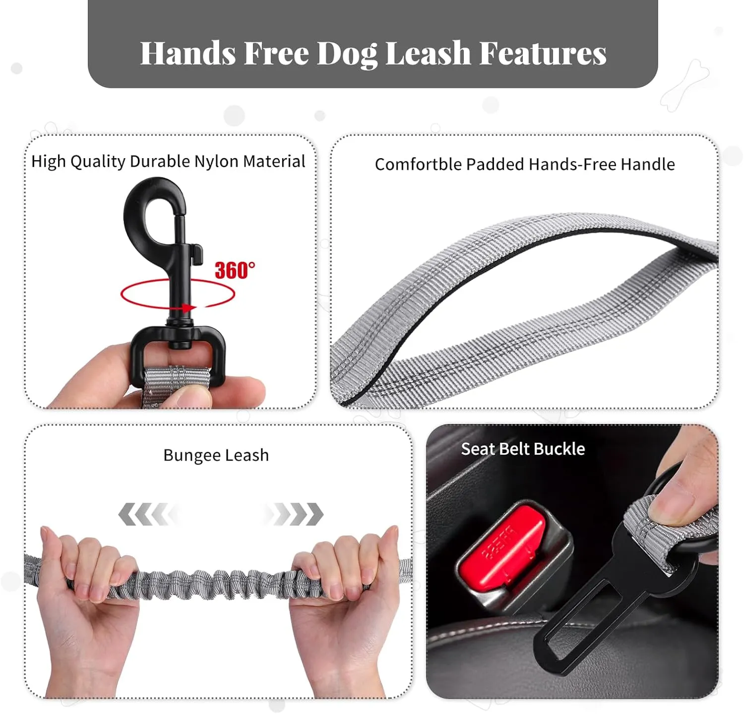 Heavy Duty Multifunctional Hands Free Dog Leash - Adjustable, Reflective Stitches, Car Safety Buckle, Waist Leash for Dog Walking, Running, Hiking - 5-7FT
