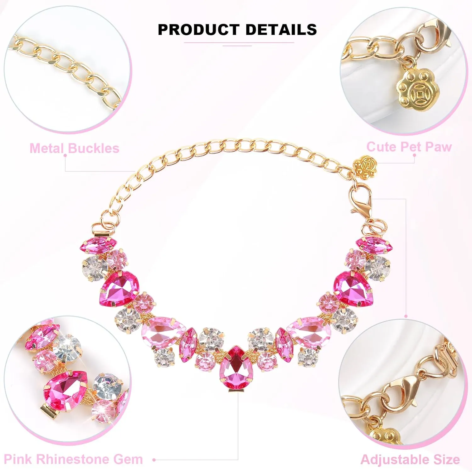 HOWWFALY Dog Collar and Cat Collar Gold Chain Necklace Stainless Steel Adjustable Pink Diamonds Collar with Cute Pet Paw for Small Medium Pets Cats Dogs Kitten Puppy(Pink, S)
