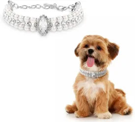 HOWWFALY Dog Pearl Collar and Cat Collars Sliver Chain Necklace Stainless Steel Adjustable Pet Diamonds Collar with Cute Small Bone Accessory for Small Medium Pets Cats Dogs Kitten Puppy
