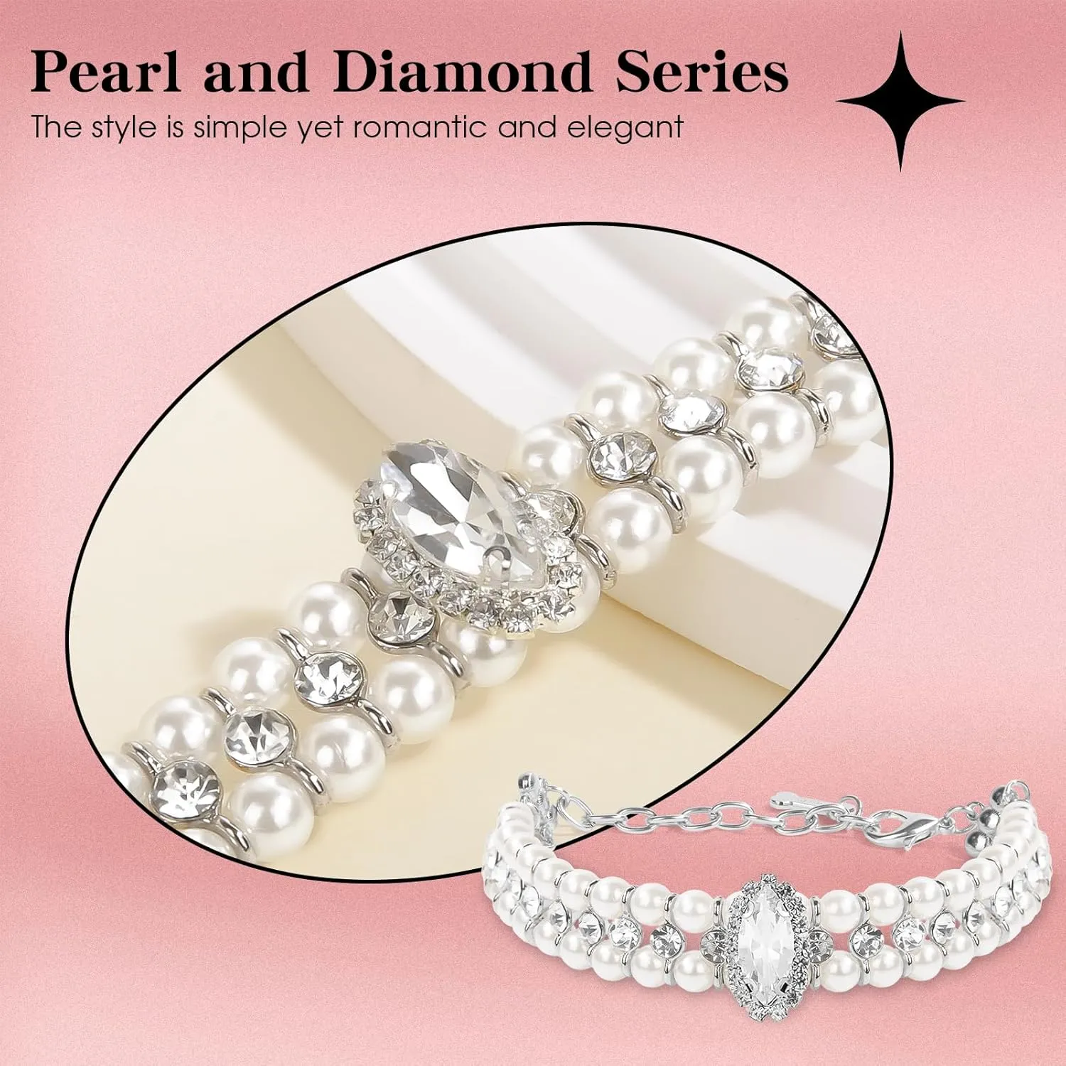 HOWWFALY Dog Pearl Collar and Cat Collars Sliver Chain Necklace Stainless Steel Adjustable Pet Diamonds Collar with Cute Small Bone Accessory for Small Medium Pets Cats Dogs Kitten Puppy
