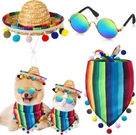 JaGely 3 Pcs Mexican Dog Costume Multicolor Cinco De Mayo Fiesta Cat Bandana with Pom Poms Porch Goose Outfits Mini Sombrero Mexican Hats Retro Pet Sunglasses Costume Accessories for Small Dog and Cat
