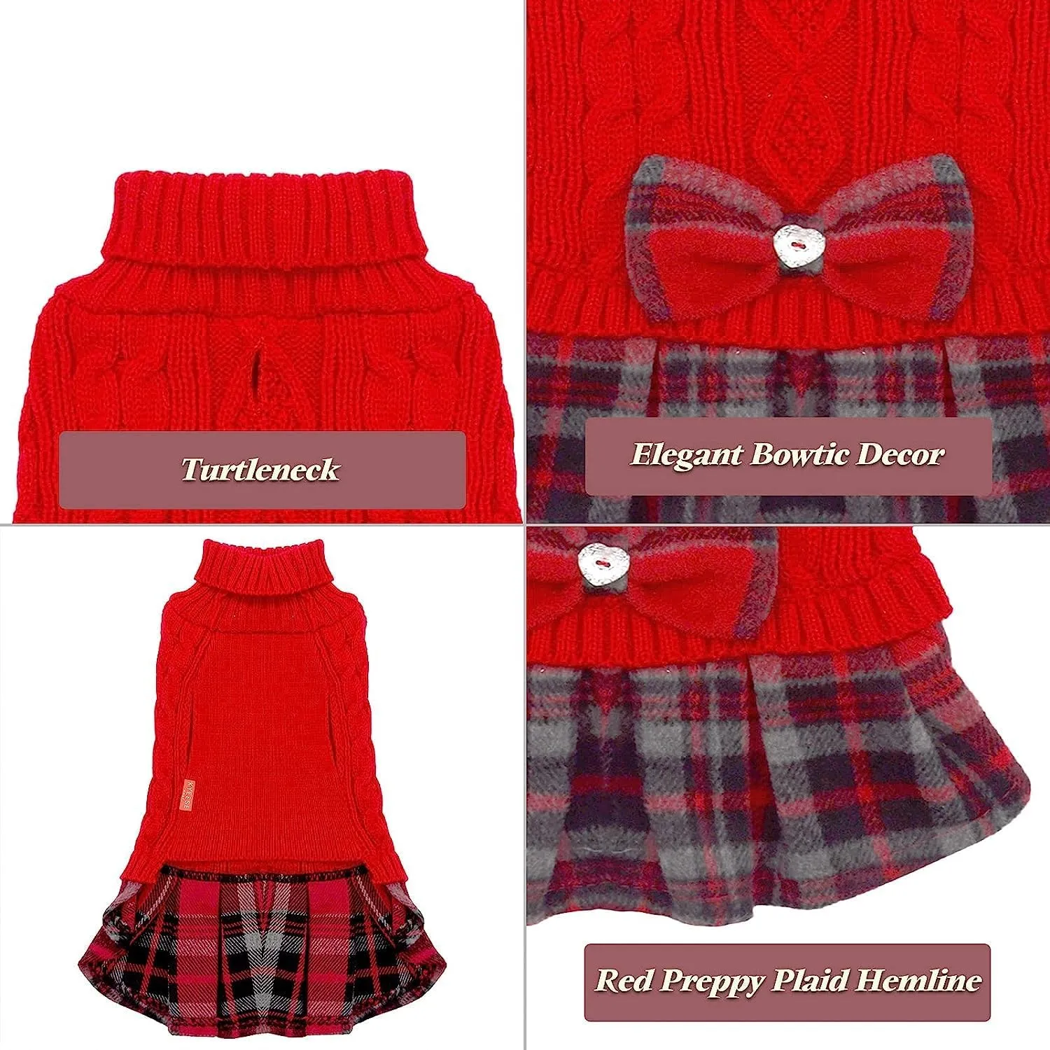 KYEESE Dog Christmas Sweater Comfy Dog Sweaters for Small Dogs Girl Soft Dog Sweater Warm Knitwear Small Dog Sweater Turtleneck Dog Clothes Puppy Sweater with Bowtie Stretchy Dog Sweater Dress