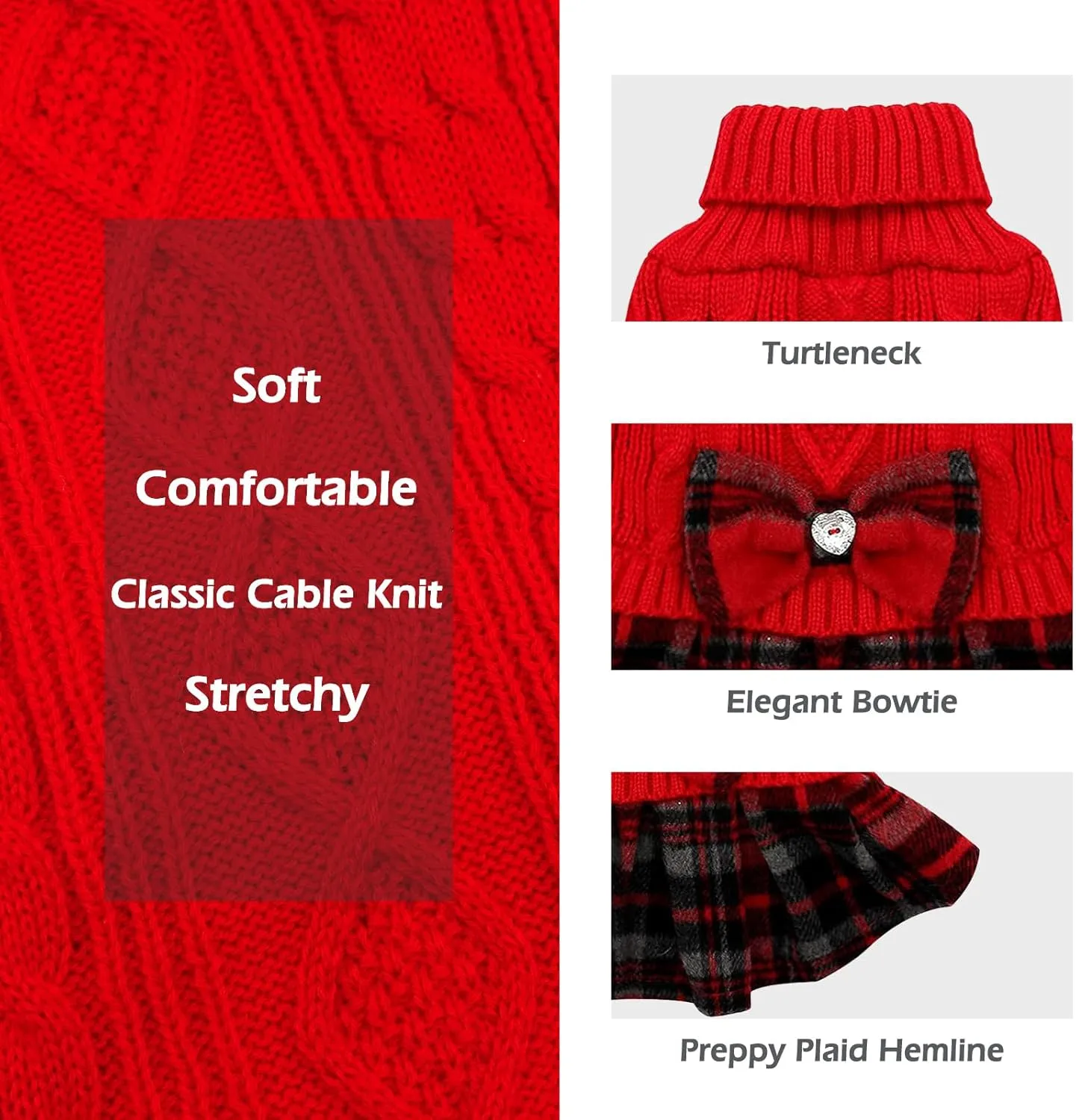 KYEESE Dog Christmas Sweater Comfy Dog Sweaters for Small Dogs Girl Soft Dog Sweater Warm Knitwear Small Dog Sweater Turtleneck Dog Clothes Puppy Sweater with Bowtie Stretchy Dog Sweater Dress