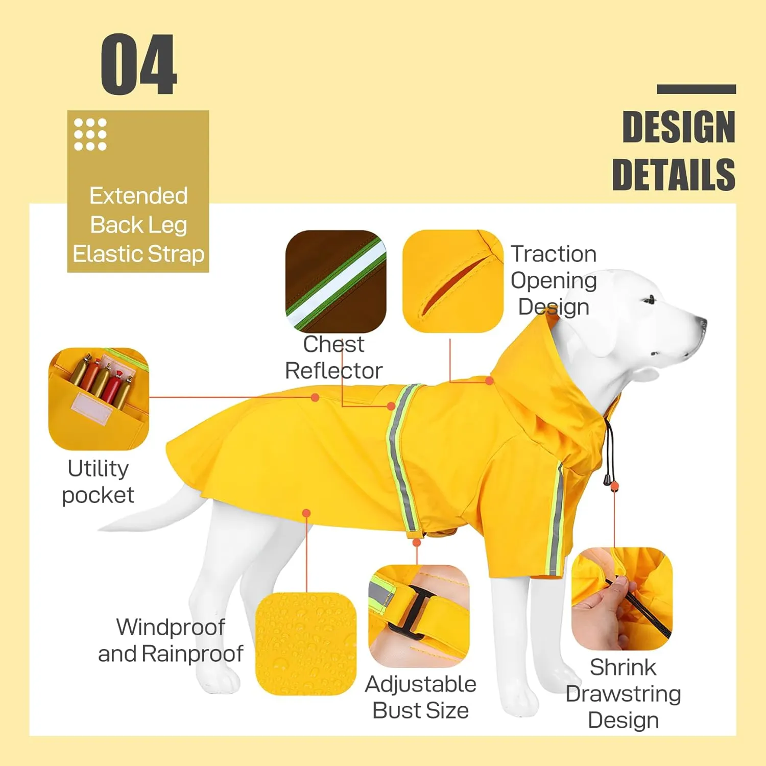 Large Dog Raincoat 4XL, Reflective, Waterproof, Adjustable with Hood, Lightweight, Full Coverage