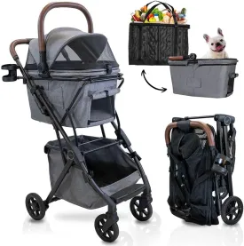 Luxury Pet Stroller & Personal Folding Shopping Cart on Premium Wheels  Lightweight Aluminum Frame  Removable Bassinet, Shopping Bag- Small to Medium Dogs & Cats (Shadow v3 Pet Bassinet)