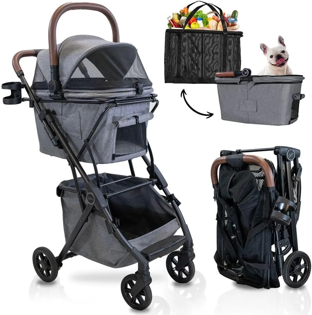 Luxury Pet Stroller & Personal Folding Shopping Cart on Premium Wheels  Lightweight Aluminum Frame  Removable Bassinet, Shopping Bag- Small to Medium Dogs & Cats (Shadow v3 Pet Bassinet)