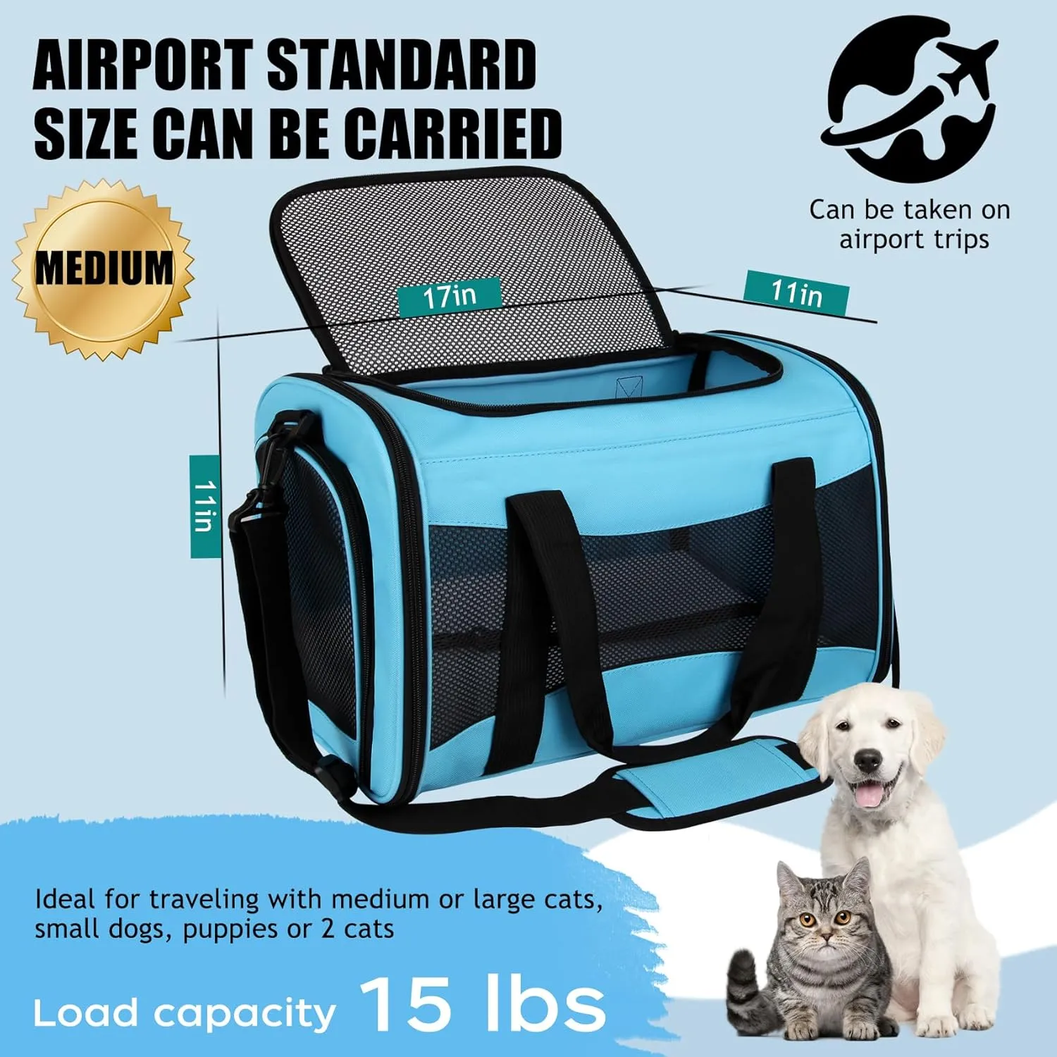 Pet Carriers Soft-Sided Airline Approved Carrier Bag for Small Cats Dogs (Medium,Blue)