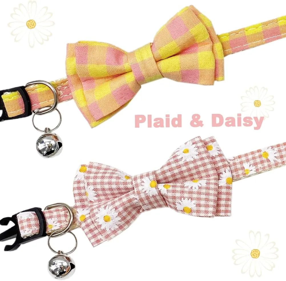 Plaid Cat Collar with Bow Tie Bell Breakaway Daisy Kitten Collars Adjustable with Removable Bowtie 2 Pack Flower Safety Collar for Spring Summer Autumn Pink & Yellow