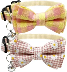 Plaid Cat Collar with Bow Tie Bell Breakaway Daisy Kitten Collars Adjustable with Removable Bowtie 2 Pack Flower Safety Collar for Spring Summer Autumn Pink & Yellow